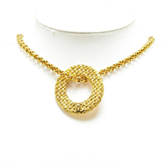 CHANEL CC Logo Mesh Circle Round Necklace 36" Gold Tone 29 Auth - Picture 1 of 6